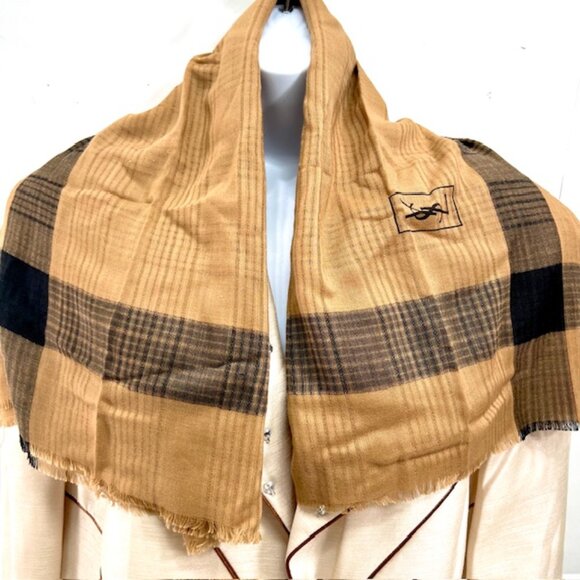 Yves Saint Laurent  Men/Women Scarf 34" 51% Wool/49% Silk Fringed  Brown Gray(67 - Picture 1 of 13